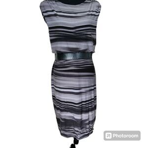 Adrianna Papell Gray&Black Faux Leather Belted Sheath Dress Size 10 Zipper Back